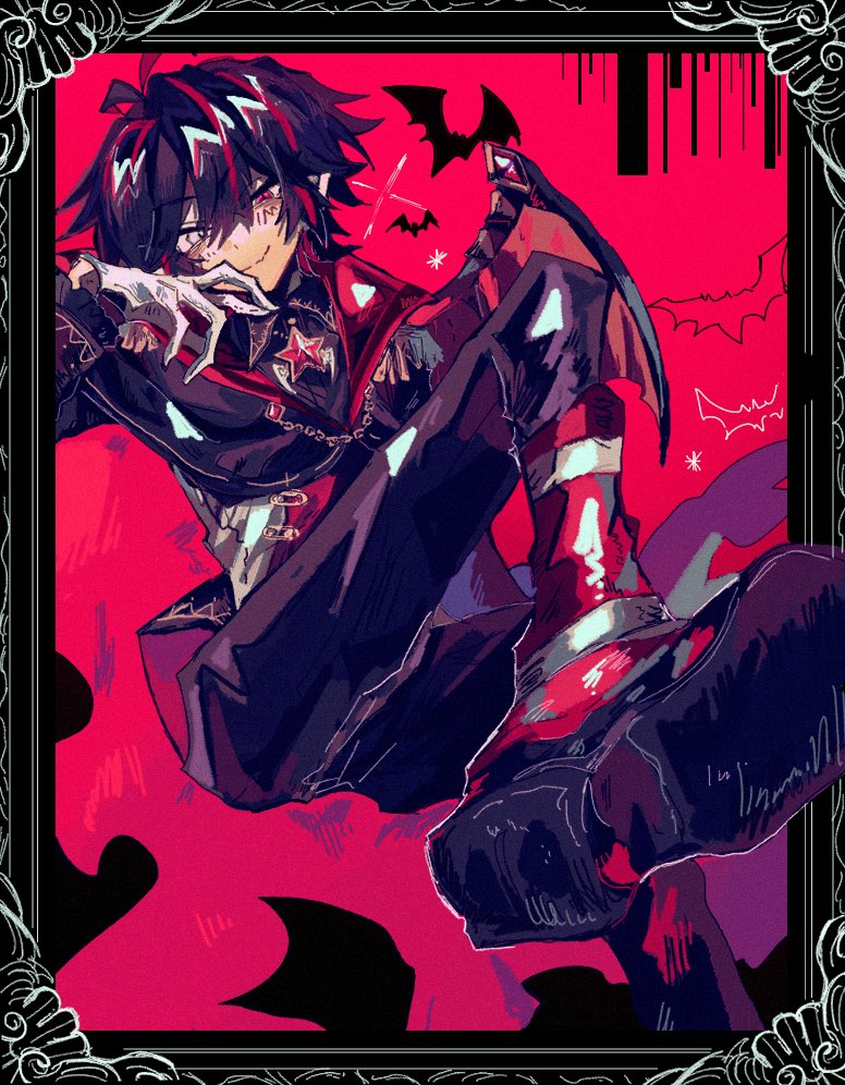 1boy, bat_wings, black_hair, blue_eyes, boots, buckle, chain, cloak