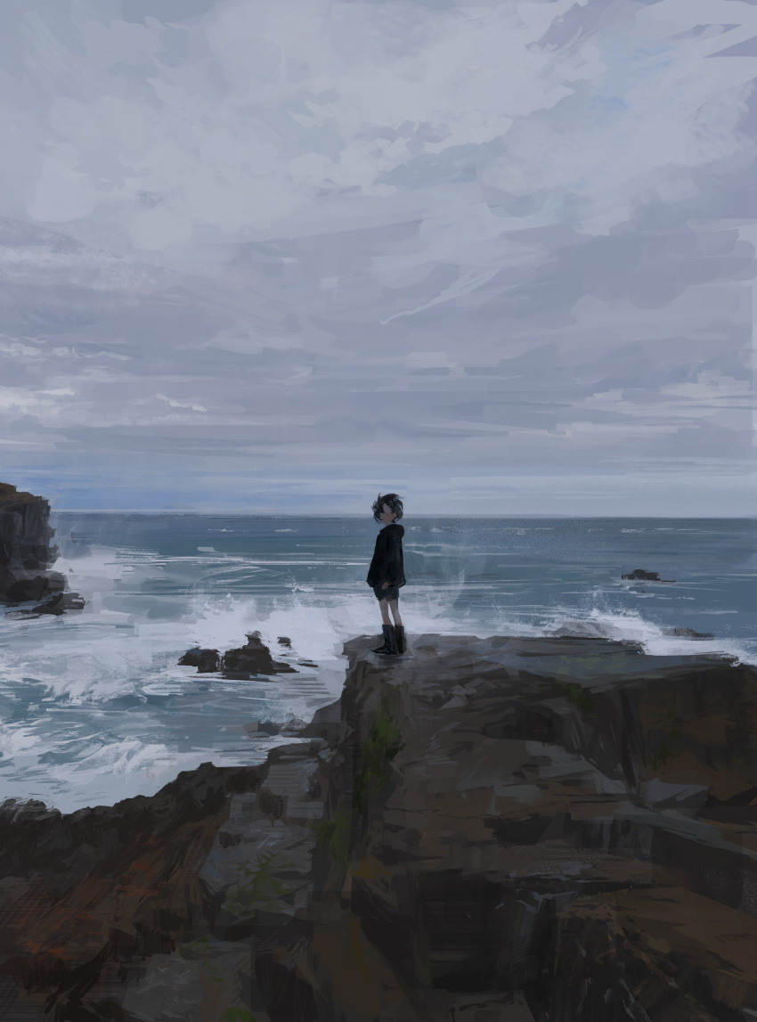 1girl, absurdres, cliff, dawn, full_body, highres, honeyoink_draw, horizon