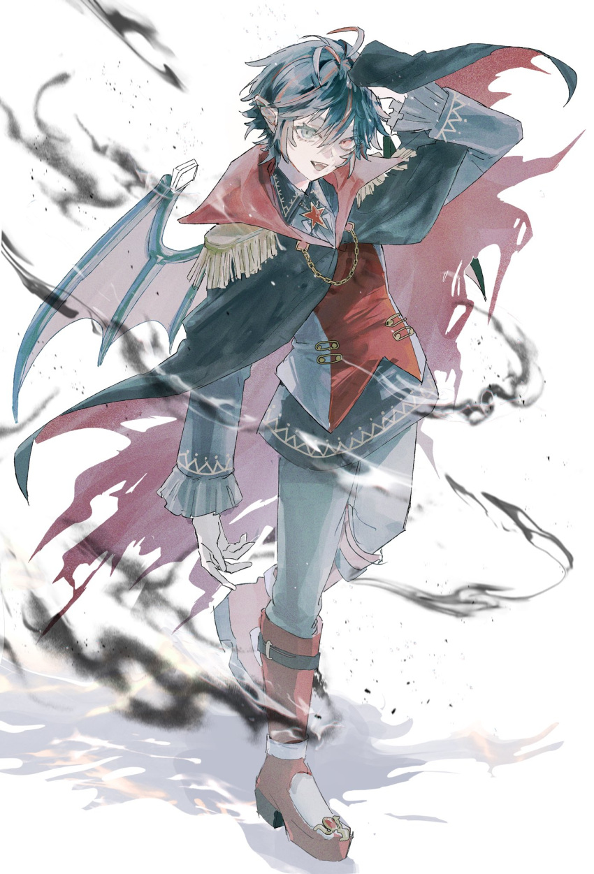 1boy, bat_wings, black_hair, blue_eyes, boots, buckle, chain, cloak