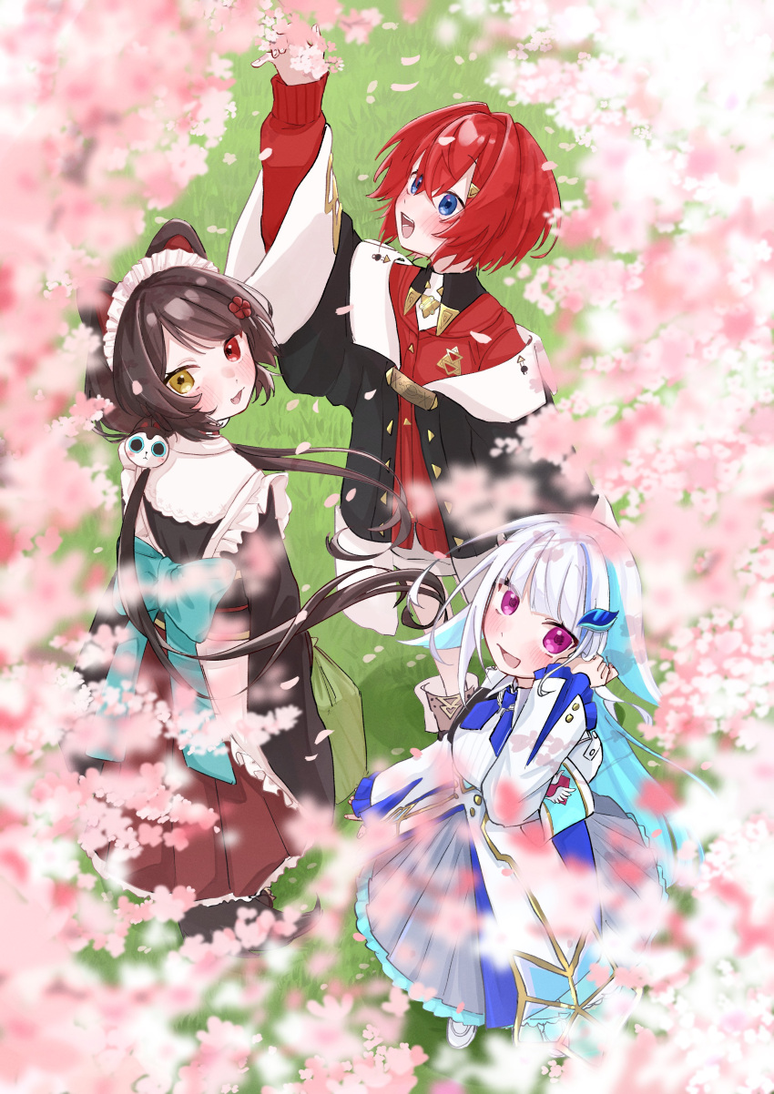 3girls, 3znk, :d, absurdres, ange_katrina, ange_katrina_(1st_costume), animal_ears, animal_hair_ornament