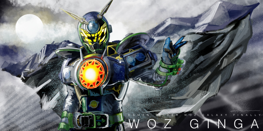 1boy, absurdres, beyondriver, cloak, compound_eyes, crowd, english_text, ginga_miridewatch