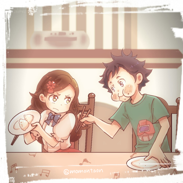 1boy, 1girl, black_hair, blue_bow, boombox, bow, brown_eyes, brown_hair, chewing, classicaloid, closed_mouth, food, food_on_face, glutton, green_shirt, hair_ornament, hairclip, kagura_sousuke, long_hair, momontaon, otowa_kanae, pink_shirt, plate, puffy_short_sleeves, puffy_sleeves, shirt, short_hair, short_sleeves, t-shirt