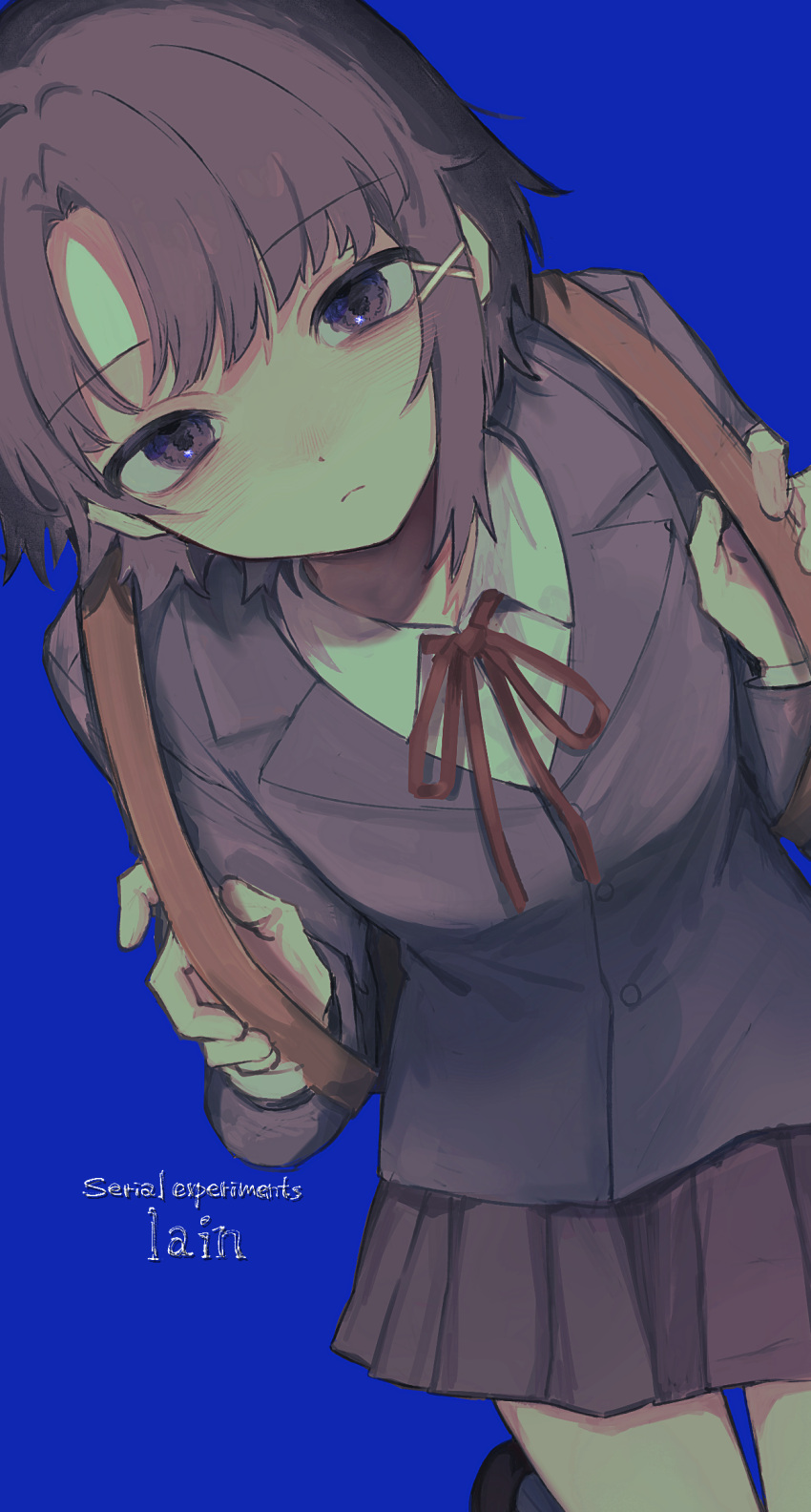 1girl, asymmetrical_hair, backpack, bag, blazer, blue_background, blush, brown_bag