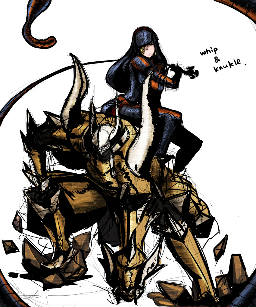 blonde_hair, character_request, diablos_(armor), gypceros_(armor), highres, monster_hunter, red_eyes, whip