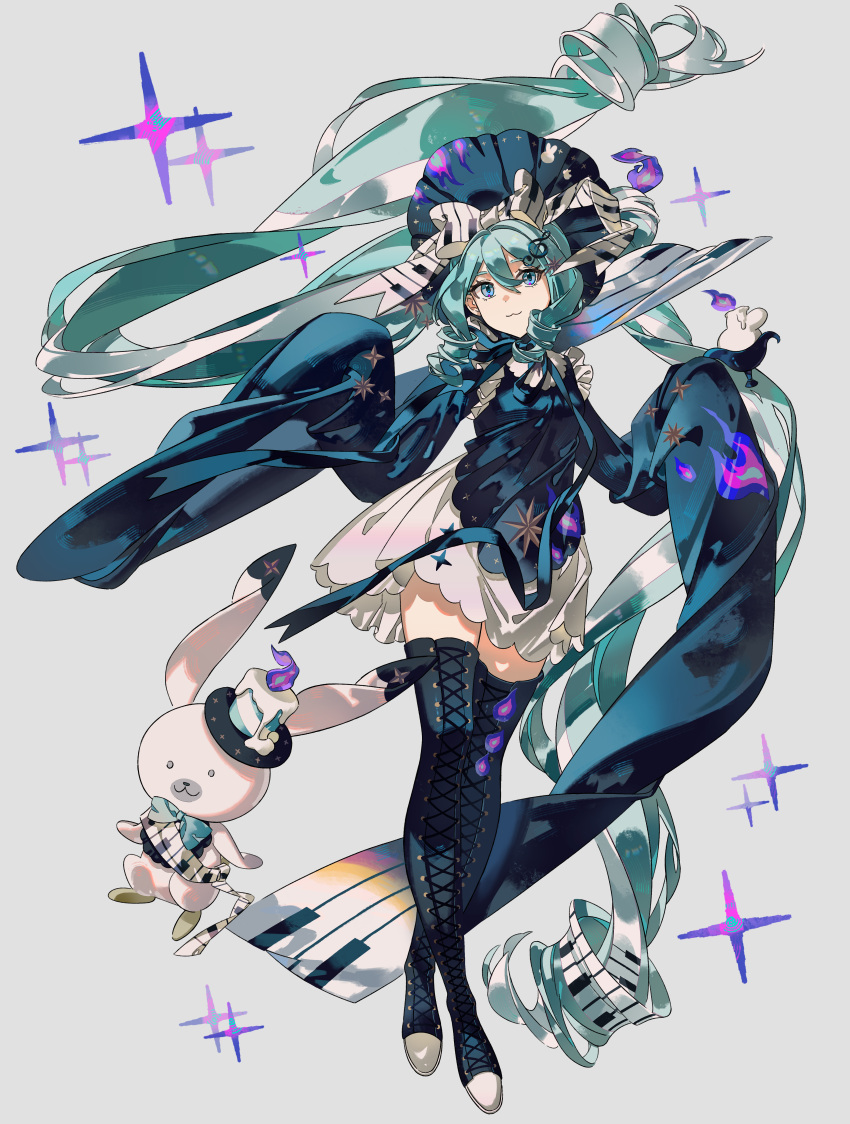 1girl, absurdly_long_hair, absurdres, aqua_hair, blue_eyes, boots, commission, crown