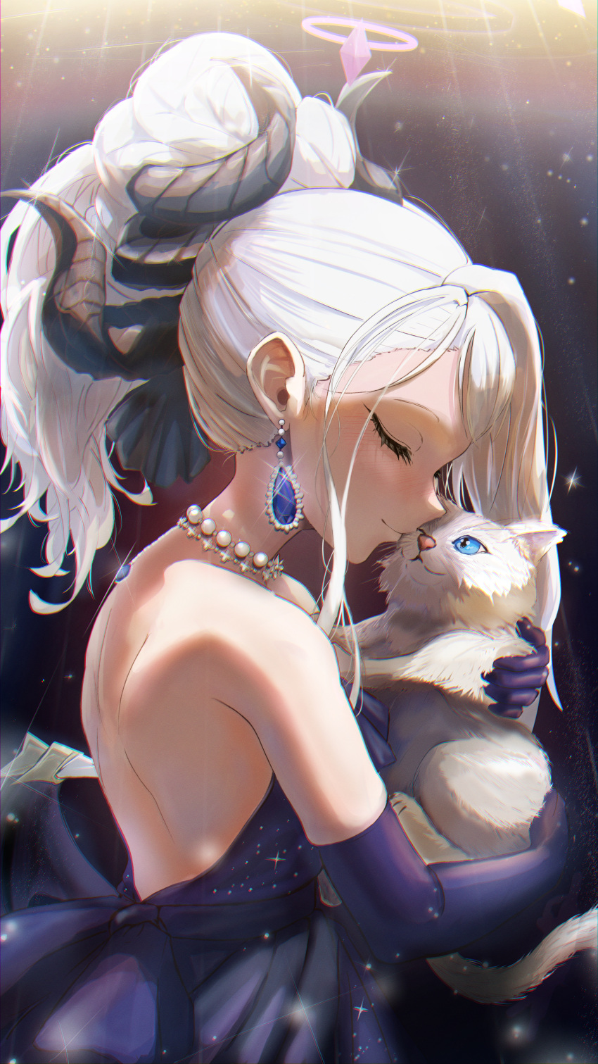 1girl, absurdres, animal_hug, bare_back, bare_shoulders, bead_choker, beads, blue_archive