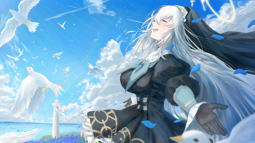 1girl, absurdres, bird, black_dress, black_gloves, black_hat, blue_archive, blue_neckerchief, blush, closed_eyes, collar, crossed_bangs, dress, gloves, hair_between_eyes, hat, highres, kc_ncp, long_hair, looking_at_viewer, neckerchief, nun, open_mouth, sakurako_(blue_archive), sidelocks, solo, white_collar, white_hair