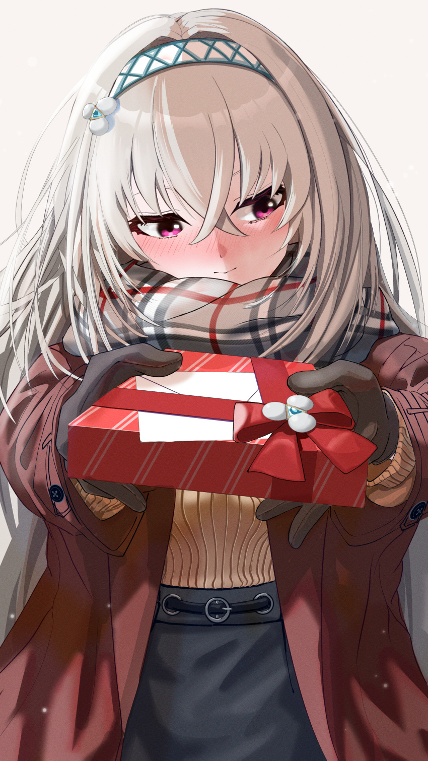 1girl, absurdres, alternate_costume, black_gloves, black_skirt, blue_archive, blush, box
