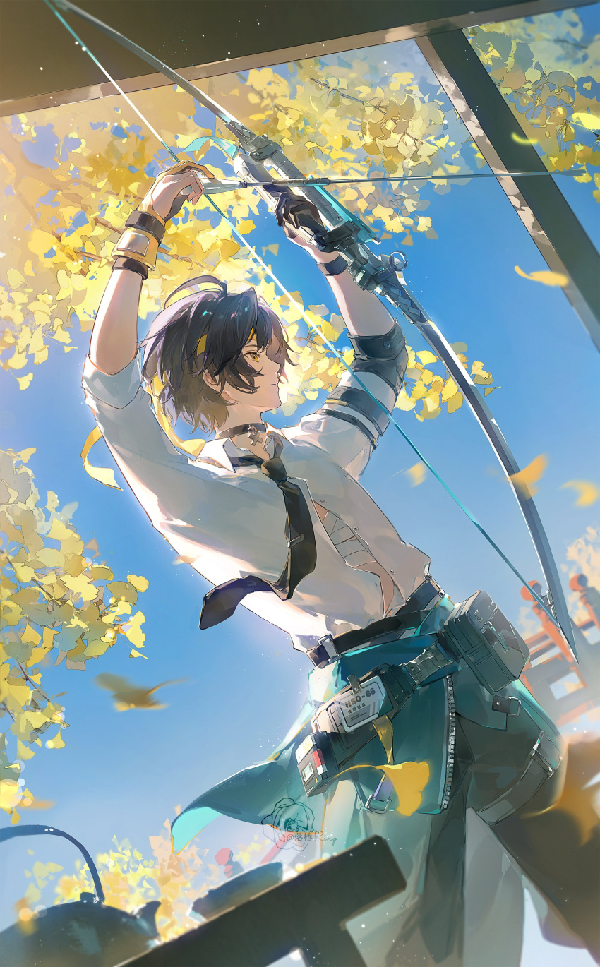 1boy, absurdres, ahoge, archery, arms_up, arrow_(projectile), asaba_harumasa, bandaged_chest