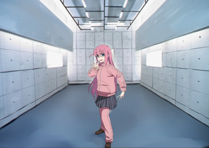 1girl, absurdres, argent_moon, black_skirt, blue_eyes, bocchi_the_rock!, brown_shoes, full_body, highres, hitori_bocchi, indoors, jamiroquai, loafers, long_hair, long_sleeves, looking_at_viewer, pants, pants_under_skirt, parody, photo_background, pink_hair, pink_track_suit, pleated_skirt, reaching, reaching_towards_viewer, shaded_face, shoes, skirt, solo, standing, sweatdrop, track_suit, virtual_insanity_(song)