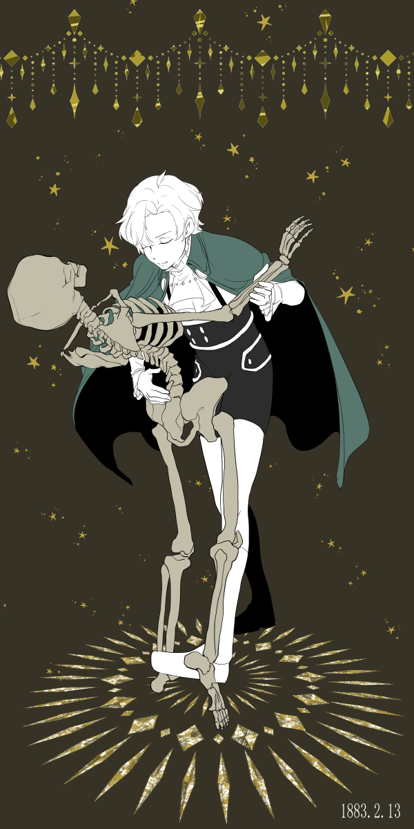 1boy, ascot, brown_background, cape, classicaloid, closed_eyes, closed_mouth, commentary, dated, full_body, highres, holding_skeleton, male_focus, maru_(fromzakusen), partially_colored, richard_wagner_(classicaloid), short_hair, shorts, skeleton, solo, suspenders
