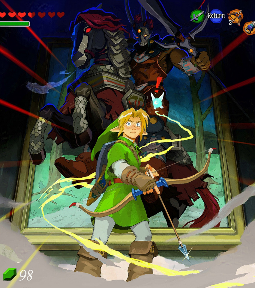 !, 2boys, arrow_(projectile), barding, behind_another, blonde_hair, blue_eyes, boots, boss_fight, bow_(weapon), brown_boots, duckgoose, gauntlets, green_hat, green_tunic, hat, heads-up_display, highres, holding, holding_polearm, holding_weapon, horseback_riding, lance, link, mask, multiple_boys, navi, painting_(object), parted_bangs, phantom_ganon, polearm, riding, the_legend_of_zelda, the_legend_of_zelda:_ocarina_of_time, through_medium, tunic, user_interface, weapon