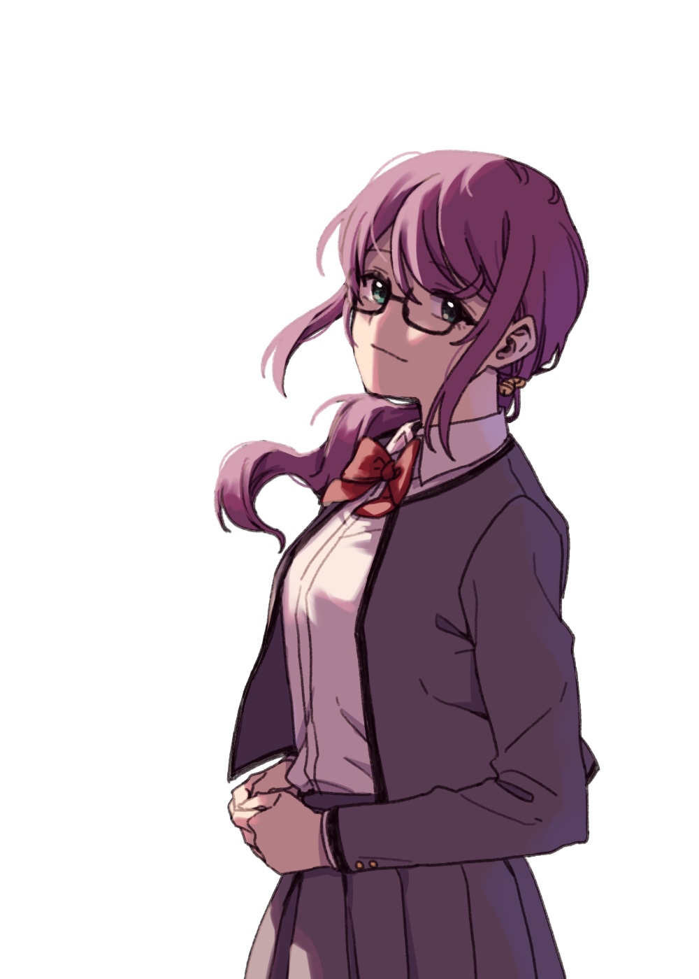 1girl, bell, black-framed_eyewear, bow, bowtie, breasts, byugwaeng_deokjilgye, closed_mouth