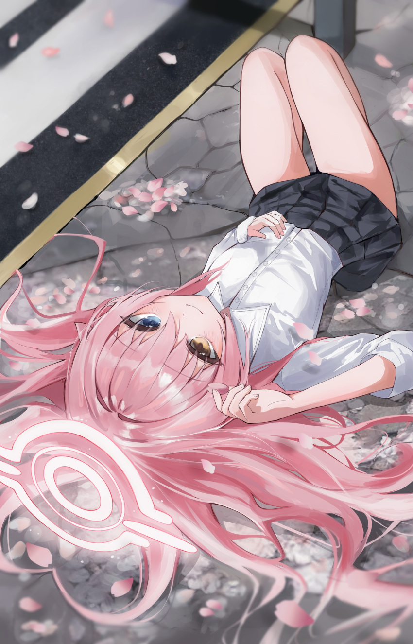 1girl, absurdres, black_skirt, blue_archive, blue_eyes, blush, cherry_blossoms, chii_(k_ung), closed_mouth, hair_between_eyes, heterochromia, highres, hoshino_(blue_archive), long_hair, looking_at_viewer, lying, on_back, shirt, sidelocks, skirt, smile, solo, white_shirt, yellow_eyes