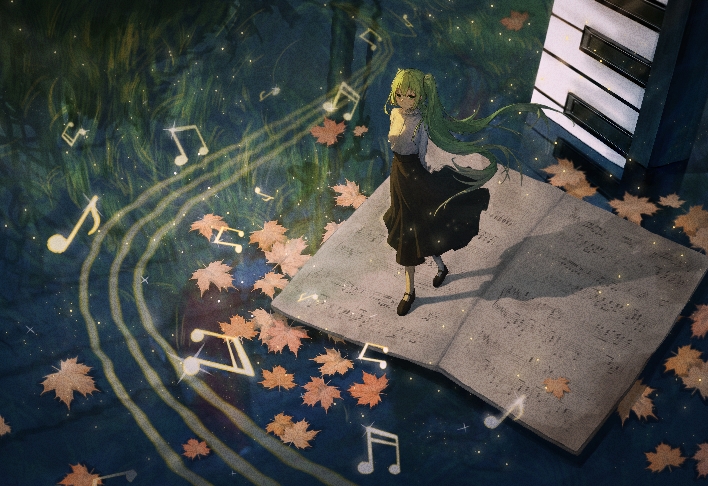 alternate_hair_color, black_skirt, book, chinese_commentary, fuka_(pixiv_84081952), green_eyes, green_hair, hatsune_miku, instrument, leaf, long_skirt, maple_leaf, mini_person, minigirl, musical_note, piano, shirt, skirt, vocaloid, water, white_shirt
