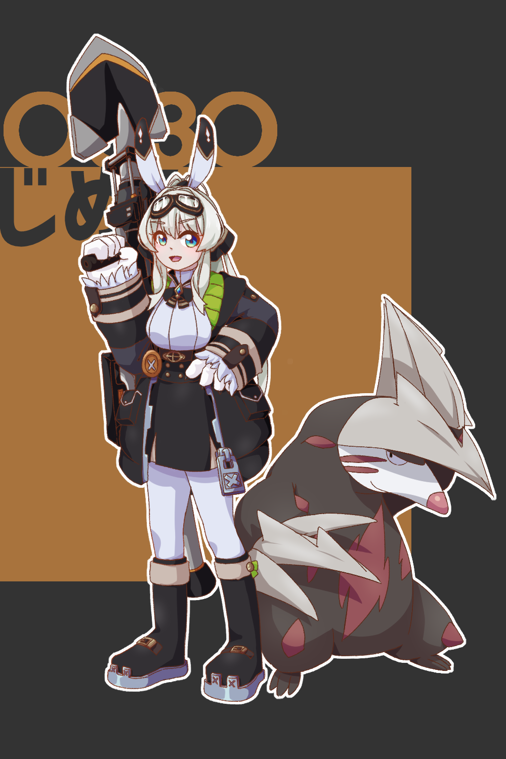 1girl, :d, alconia_(vrchat), animal_ears, black_background, black_bow, black_jacket, black_shoes, black_skirt, blue_eyes, blush, boots, bow, breasts, character_name, collared_shirt, crossover, dasima_a, duel_monster, evolutionary_line, excadrill, full_body, gloves, goggles, goggles_on_head, grey_hair, gun, hair_between_eyes, hand_on_own_hip, hand_up, high-waist_skirt, highres, holding, holding_gun, holding_weapon, id_card, jacket, knee_boots, long_hair, long_sleeves, looking_at_viewer, medium_breasts, open_clothes, open_jacket, open_mouth, outline, pantyhose, pokemon, pokemon_(creature), ponytail, puffy_long_sleeves, puffy_sleeves, rabbit_ears, shirt, shoes, skirt, sleeves_past_wrists, smile, standing, two-tone_background, very_long_hair, vrchat, weapon, white_gloves, white_hair, white_outline, white_pantyhose, white_shirt