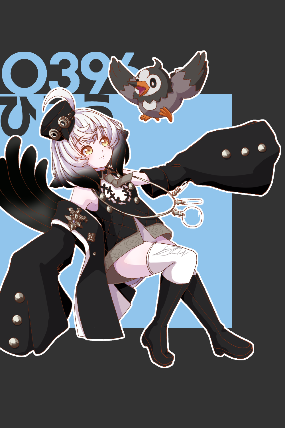 1girl, ahoge, beak, bird, bird_girl, bird_tail, black_background, black_coat