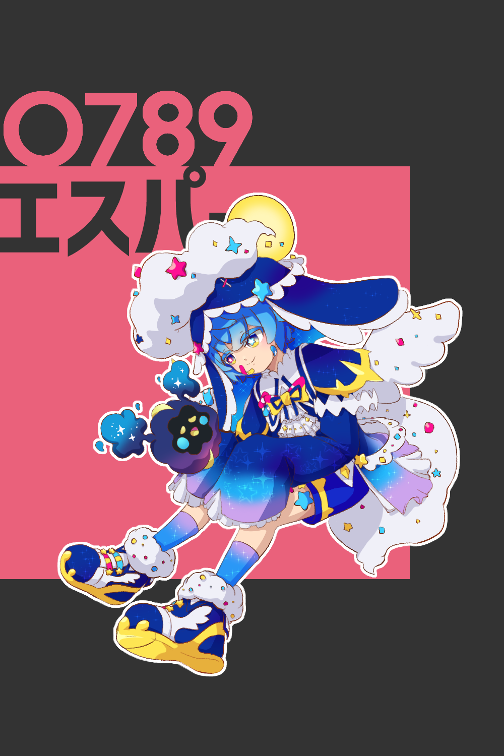 1girl, 1other, animal, animal_hat, black_background, blue_capelet, blue_eyes, blue_hair