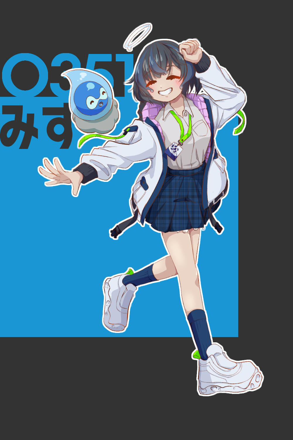 1girl, ^_^, arm_up, black_background, black_hair, black_socks, blue_background, blue_skirt