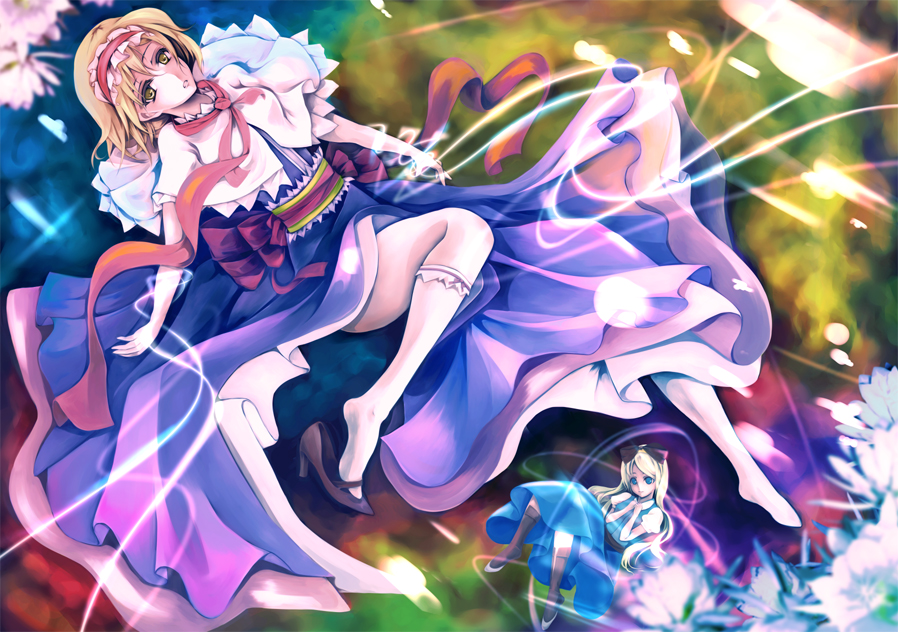 alice_margatroid, blonde_hair, capelet, doll, hairband, seiha_(tinnke), shanghai_doll, shoe_dangle, short_hair, single_shoe, solo, touhou, yellow_eyes