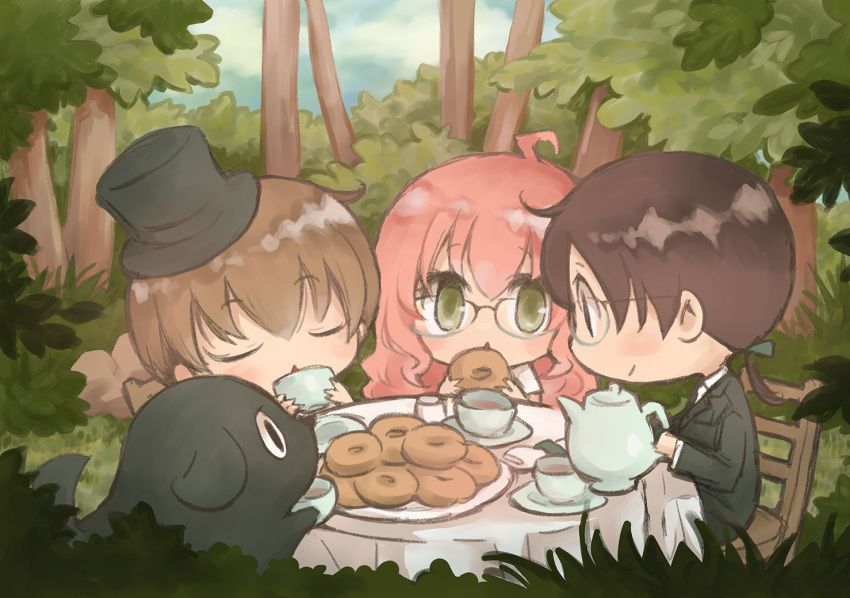 1girl, 3boys, ahoge, black_dog, brown_hair, chibi, closed_eyes, cup, dog, doughnut, drinking, eating, fenrir_(matantei_loki_ragnarok), food, forest, glasses, green_eyes, hat, hel_(matantei_loki_ragnarok), holding, holding_cup, holding_food, kinoshita_sakura, loki_(matantei_loki_ragnarok), long_hair, low_ponytail, matantei_loki_ragnarok, medium_hair, multiple_boys, nature, open_mouth, outdoors, over-rim_eyewear, pink_hair, ponytail, saucer, semi-rimless_eyewear, short_hair, sitting, table, tea, tea_party, teacup, teapot, top_hat, wavy_hair, yamino_ryuusuke