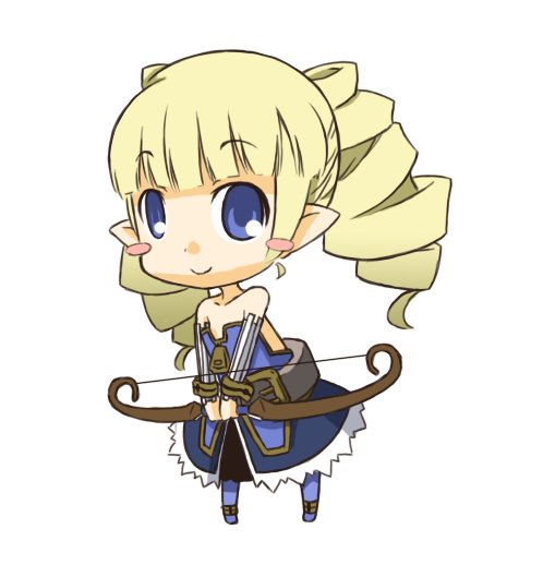 1girl, archer_(fate), archer_(ragnarok_online), archer_(tera_online), blue_eyes, blush, bow_(weapon), chibi, chibi_only, deformed, disgaea, hinosita_hikari, long_hair, looking_at_viewer, simple_background, skirt, smile, solo, twin_drills, twintails, weapon, white_background