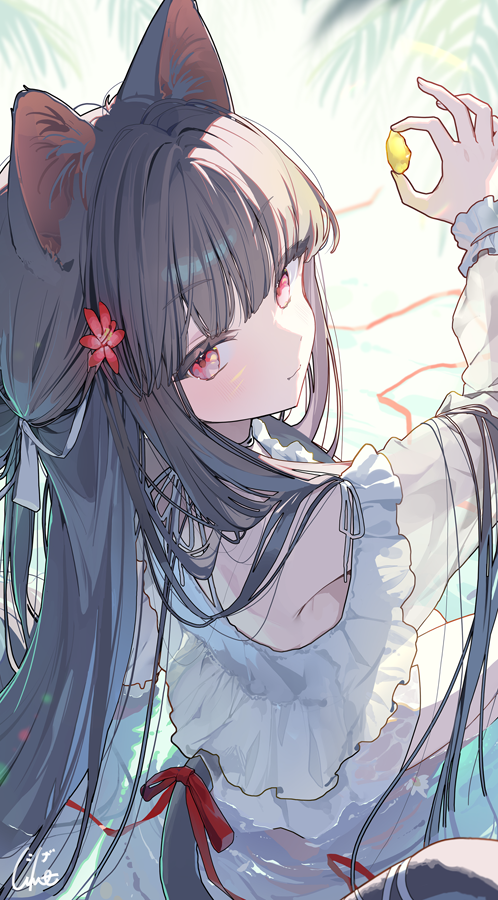 1girl, animal_ears, bikini, black_hair, cat_ears, cat_girl, cat_tail, closed_mouth