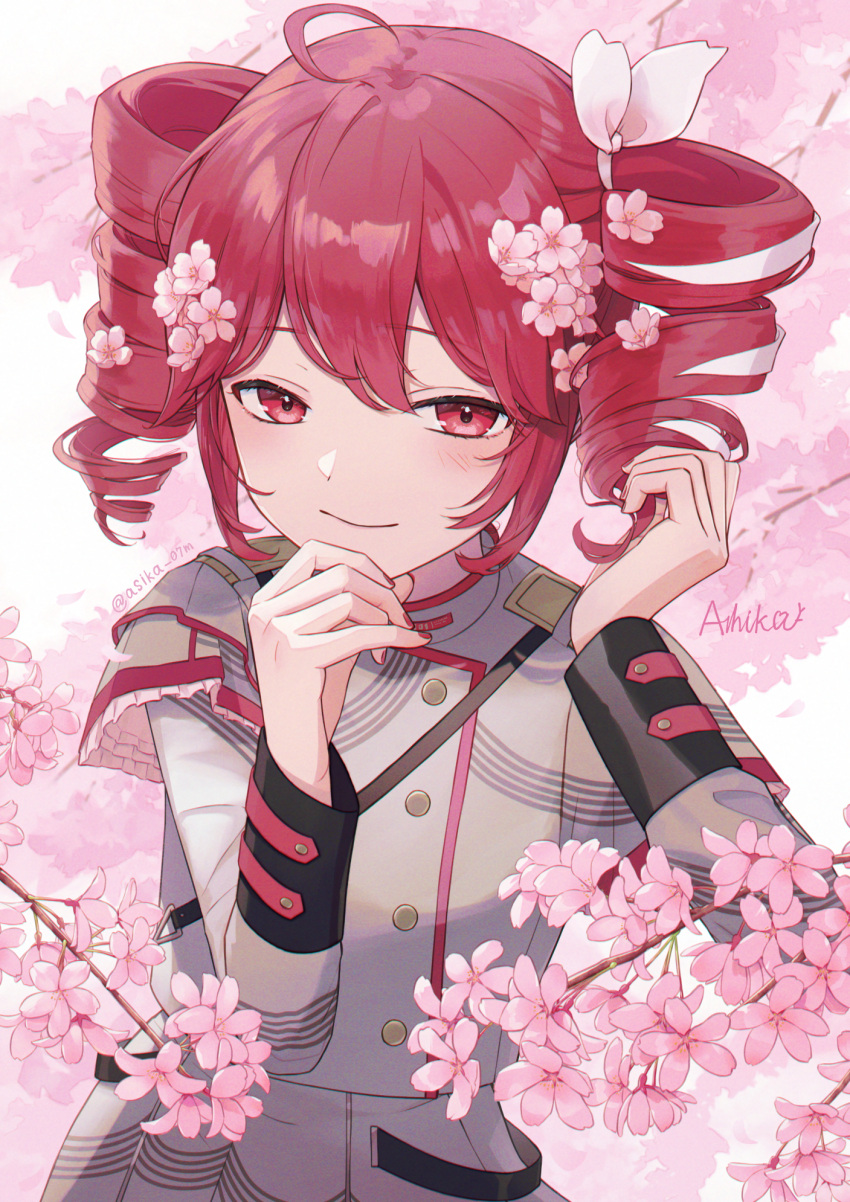 1girl, ahoge, artist_name, ashika_(yftcc948), black_sleeve_cuffs, blush, bow, branch