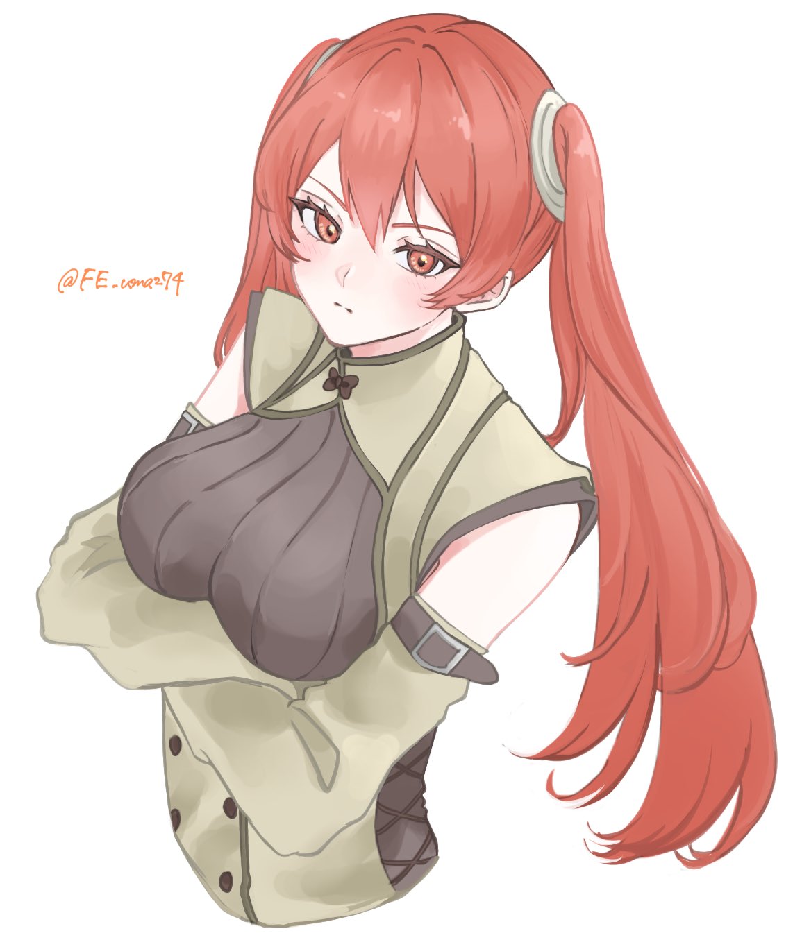 1girl, blush, breasts, brown_tunic, closed_mouth, fire_emblem, fire_emblem_awakening, hair_ornament