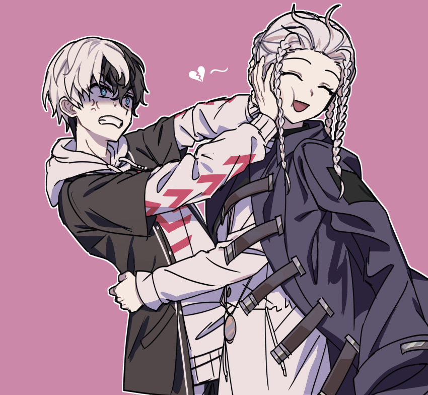 2boys, :d, ^_^, absurdres, anger_vein, black_hair, black_jacket, braid, broken_heart, clenched_teeth, closed_eyes, coat, coat_on_shoulders, hashtag-only_commentary, heart, highres, hood, hoodie, hug, jacket, kuronaka_yo, looking_at_another, male_focus, mrae_w, multicolored_hair, multiple_boys, multiple_braids, pink_background, pushing, pushing_away, pushing_face, shaded_face, short_hair, simple_background, smile, teeth, tribe_nine, two-tone_hair, upper_body, v-shaped_eyebrows, white_hair, white_hoodie, zero_(tribe_nine)