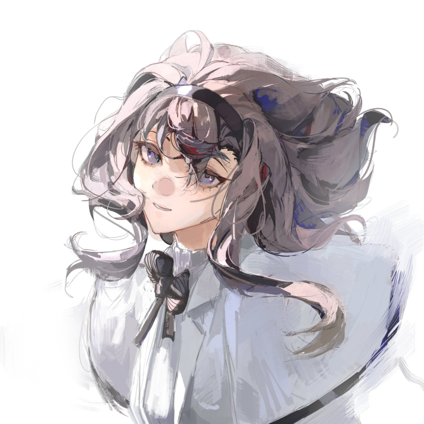 1girl, arknights, black_hairband, bow, brown_hair, capelet, gandy_(gan3e46), grey_bow