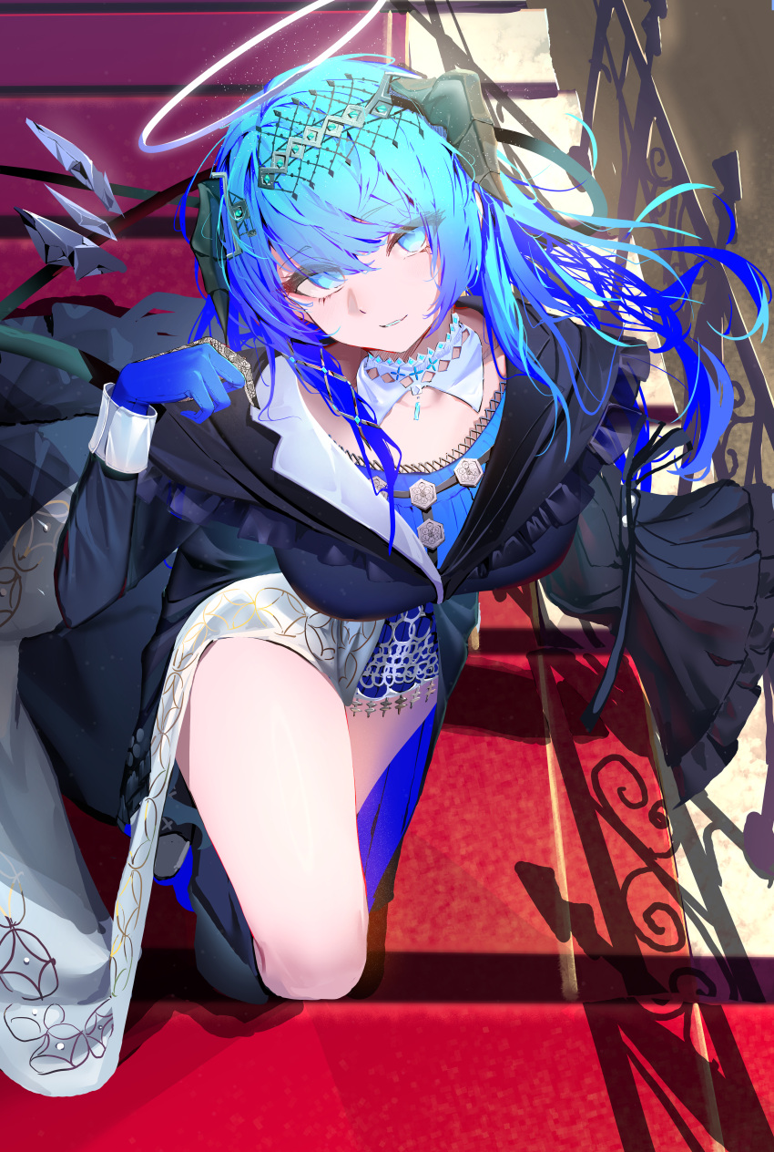 1girl, absurdres, arknights, black_dress, black_horns, blue_dress, blue_eyes, blue_gloves, blue_hair, demon_horns, dress, gloves, gradient_hair, halo, highres, horns, long_hair, lycoris-fullbloom, mostima_(arknights), mostima_(ethereal_harmony)_(arknights), multicolored_hair, official_alternate_costume, solo, thighs, traditional_halo
