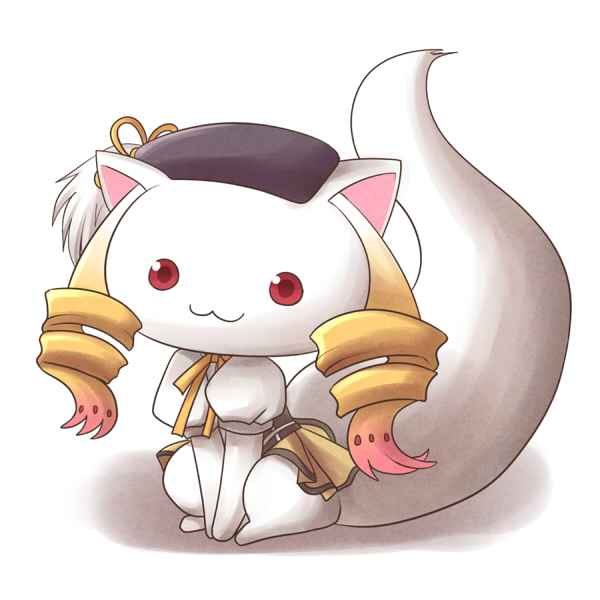:3, beret, blonde_hair, cosplay, drill_hair, fusion, hat, kyubey, kyuubee, mahou_shoujo_madoka_magica, no_humans, parody, puffy_sleeves, red_eyes, ryuuga_nanamaru, sitting, solo, tomoe_mami, tomoe_mami_(cosplay)