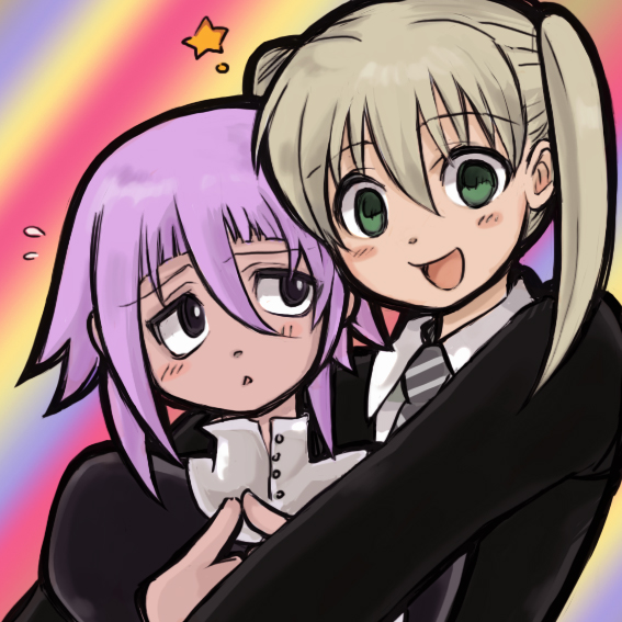 1girl, 1other, androgynous, blonde_hair, blush, crona_(soul_eater), gradient_background, green_eyes