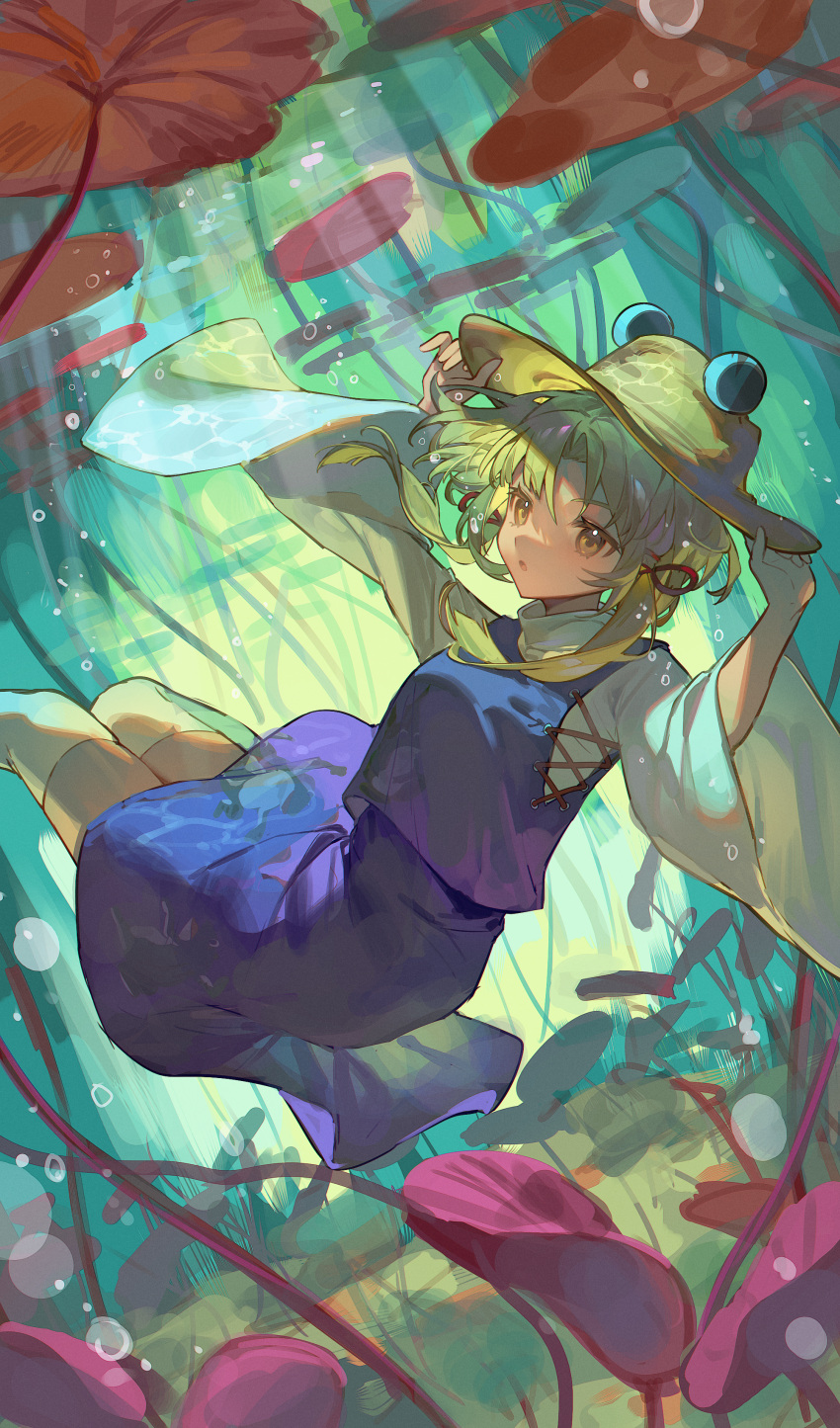 1girl, :o, absurdres, air_bubble, blonde_hair, bubble, collared_shirt, cross-laced_clothes