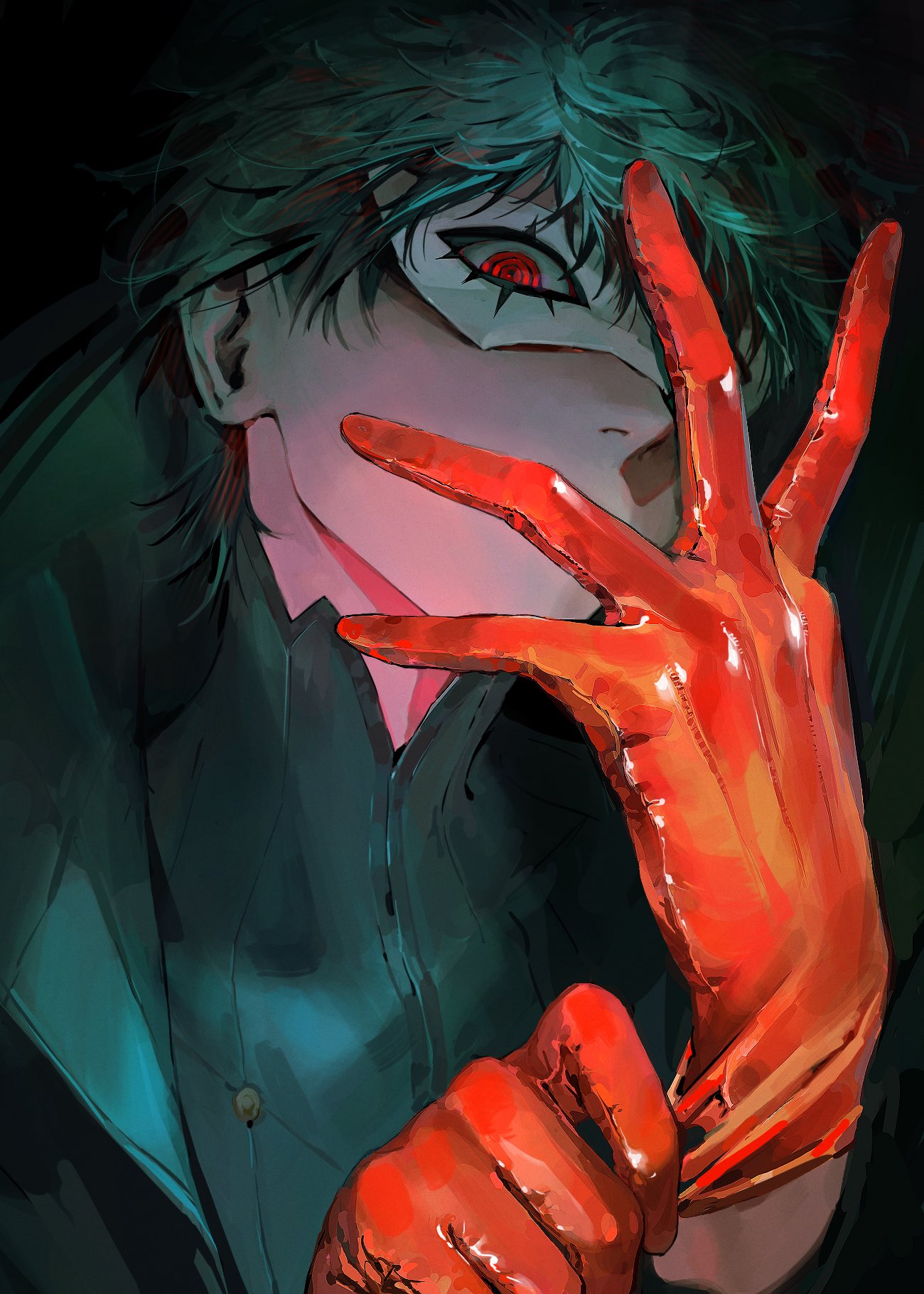 1boy, adjusting_clothes, adjusting_gloves, amamiya_ren, black_background, black_coat, black_hair, black_shirt