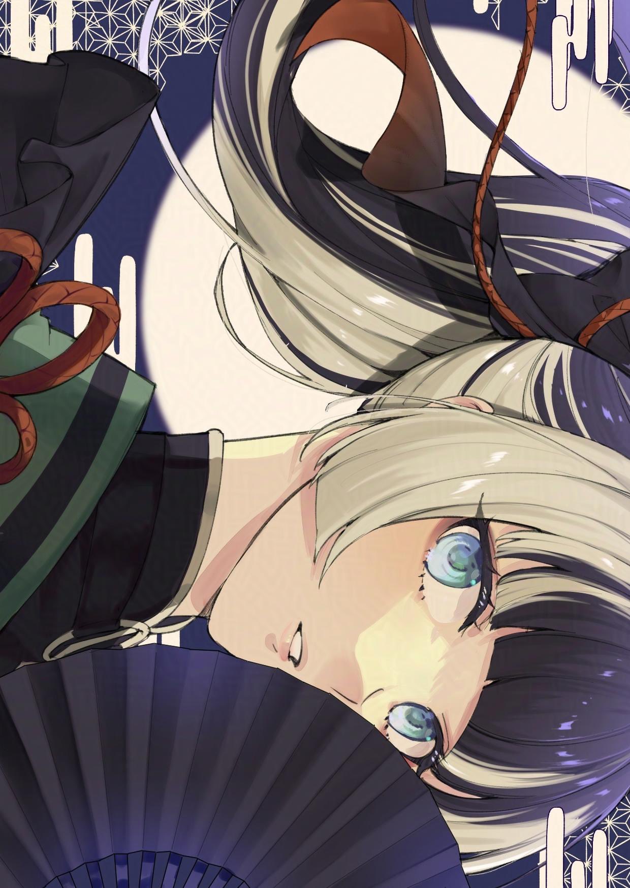 1girl, asa_no_ha_(pattern), black_hair, egasumi, hand_fan, highres, hololive, hololive_dev_is