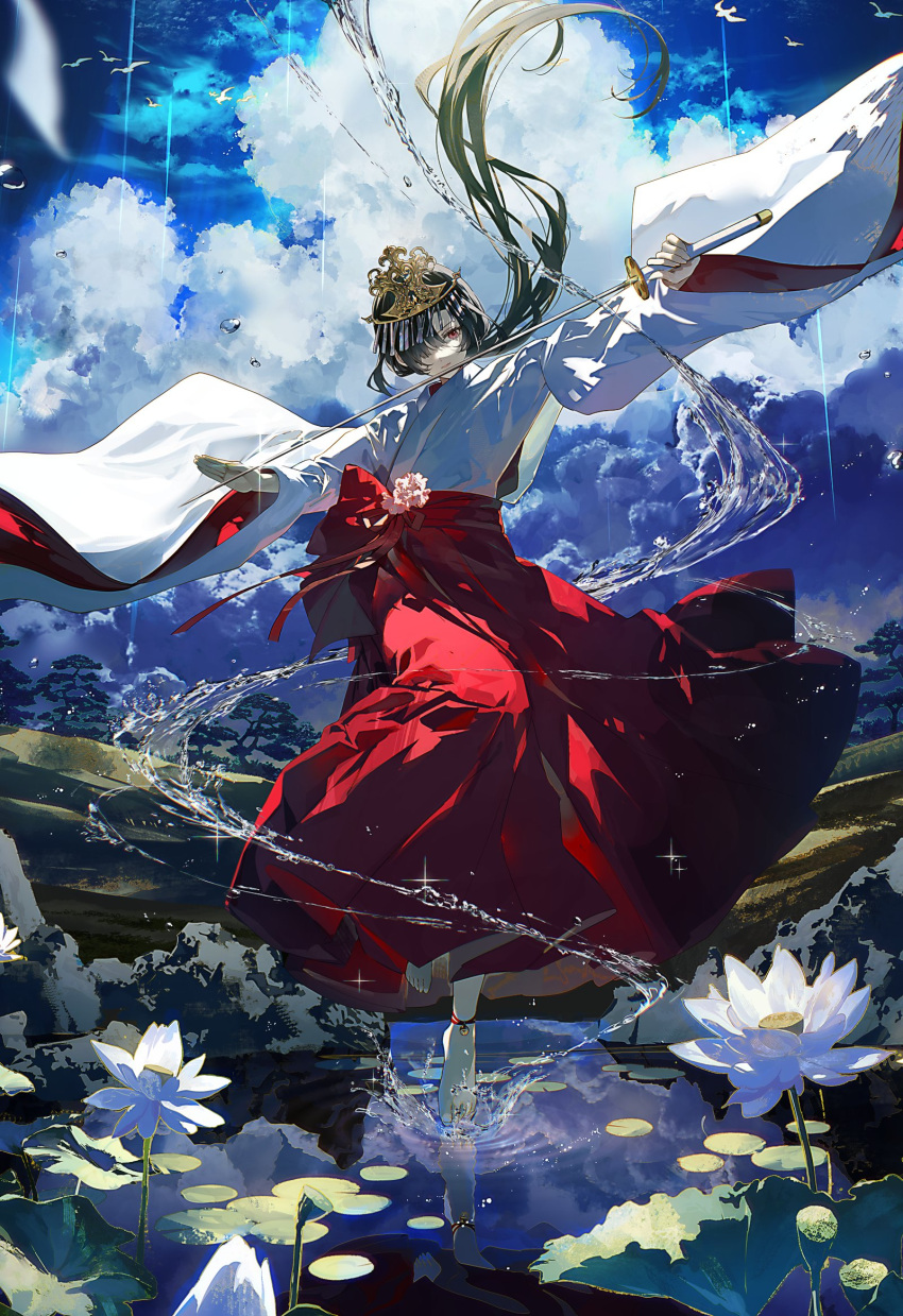 1girl, anklet, bell_anklet, bird, black_hair, bubble, closed_mouth, clouds, cloudy_sky, commentary_request, crown, eshi_100_nin_ten, floating_hair, flower, full_body, glint, hair_floating_upwards, hair_over_one_eye, highres, hill, holding, holding_sword, holding_weapon, hydrokinesis, japanese_clothes, jewelry, katana, kimono, kuga_huna, lily_pad, long_hair, long_skirt, long_sleeves, lotus, original, pink_flower, red_eyes, red_ribbon, red_skirt, reflection, reflective_water, ribbon, shallow_water, sidelocks, skirt, sky, solo, sparkle, splashing, standing, standing_on_one_leg, sword, tiptoes, tree, water, weapon, white_flower, white_kimono, wide_sleeves