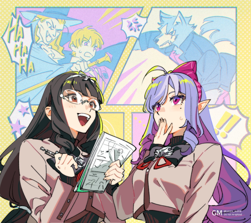 2girls, ahoge, black_hair, bow_headband, brown_jacket, cropped_jacket, glasses, headband, highres, holding, holding_paper, holding_pencil, jacket, lilac_(zenless_zone_zero), long_hair, multiple_girls, paper, pencil, pink_eyes, pink_headband, pointy_ears, purple_hair, twitter_username, upper_body, vivian_(zenless_zone_zero), wolf_boy, yotsuban, zenless_zone_zero