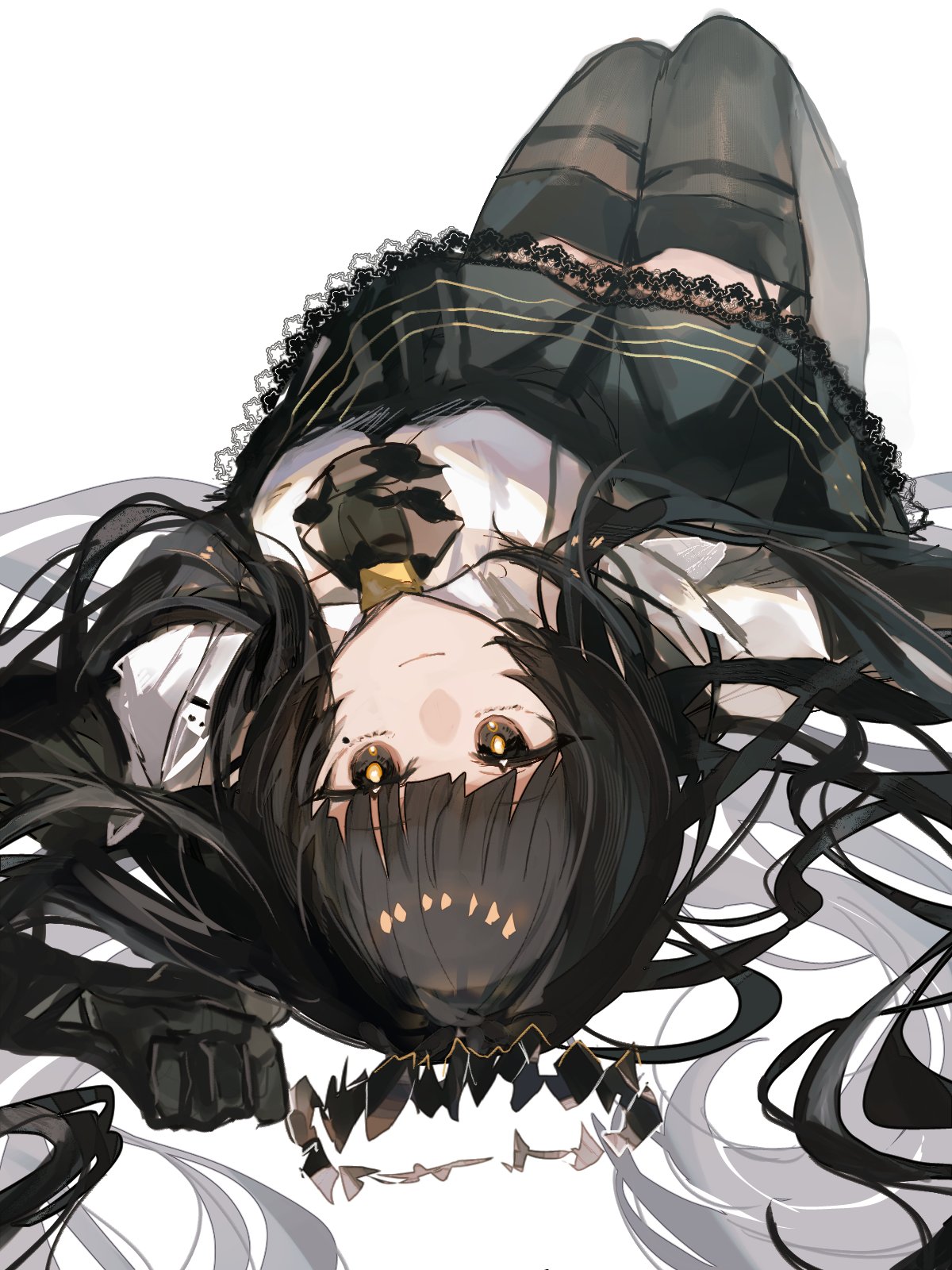 1girl, arknights, ascot, black_ascot, black_eyes, black_gloves, black_hair, black_halo