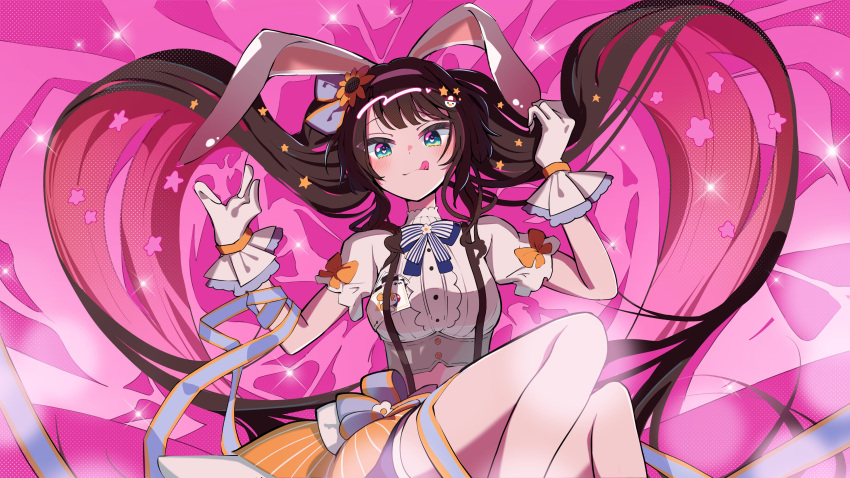 1girl, :q, absurdres, animal_ears, aqua_eyes, blouse, brown_hair, colored_inner_hair, fake_animal_ears, gloves, highres, hololive, long_hair, multicolored_hair, nemutai_rara, official_alternate_costume, official_alternate_hair_length, official_alternate_hairstyle, oozora_subaru, oozora_subaru_(starlight), pink_hair, rabbit_ears, rabbit_hole_(vocaloid), shirt, shorts, solo, suspender_shorts, suspenders, tongue, tongue_out, virtual_youtuber, white_gloves