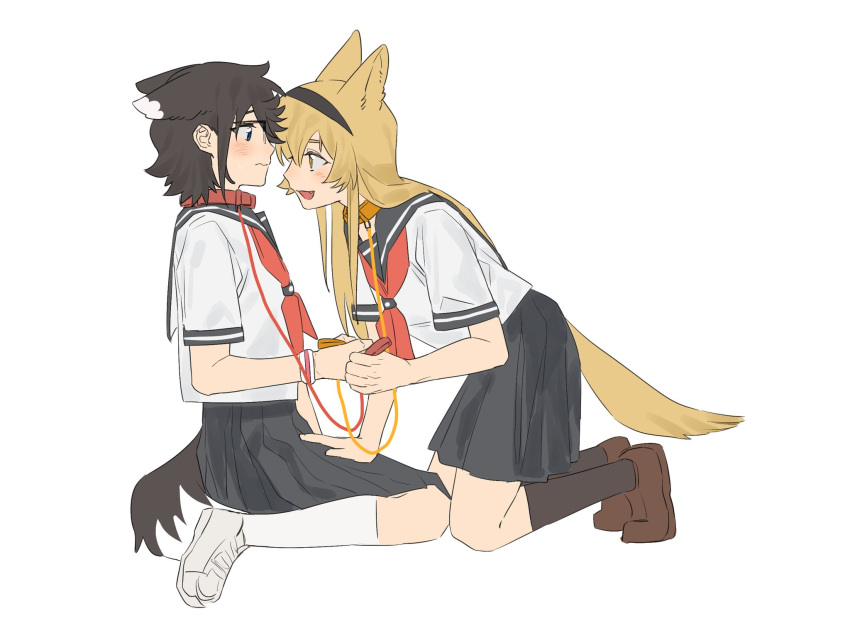 2girls, animal_ears, black_hairband, black_sailor_collar, black_skirt, black_socks, blonde_hair, blush
