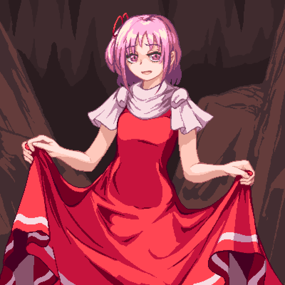 1girl, breasts, capelet, hair_ornament, highres, mountain, nukekip, one_side_up