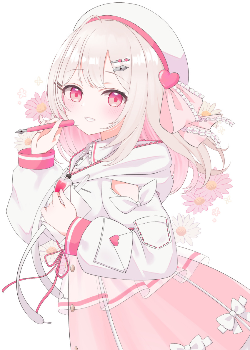 1girl, =_hair_ornament, ahoge, beret, blush, chamomile, clothing_cutout, commission, cowboy_shot, drawstring, envelope, flower, from_side, furutori, hair_ornament, hairclip, hand_on_own_chest, hat, hat_ornament, hat_ribbon, heart, heart_hat_ornament, highres, holding, holding_envelope, holding_pen, hood, hoodie, indie_virtual_youtuber, long_hair, long_sleeves, looking_at_viewer, natsume_mei, nib_pen_(object), pen, pink_eyes, pink_flower, pink_ribbon, pink_skirt, ribbon, shoulder_cutout, sidelocks, skeb_commission, skirt, smile, solo, teeth, virtual_youtuber, white_flower, white_hat, white_hoodie