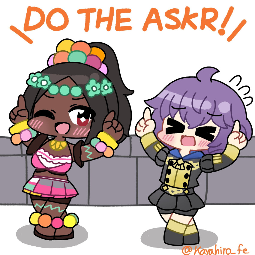 2girls, ahoge, bernadetta_von_varley, bracelet, chibi, chibi_only, dark-skinned_female, dark_skin