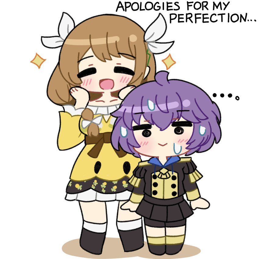 2girls, ahoge, bernadetta_von_varley, braid, breasts, chibi, chibi_only, dress, english_text, fire_emblem, fire_emblem:_three_houses, fire_emblem_engage, garreg_mach_monastery_uniform, goldmary_(fire_emblem), highres, hiro_kayama, low_ponytail, medium_breasts, multiple_girls, open_mouth, ponytail, purple_hair, ribbon, short_hair, side_ponytail, skirt, small_breasts, white_ribbon, yellow_dress, yellow_skirt