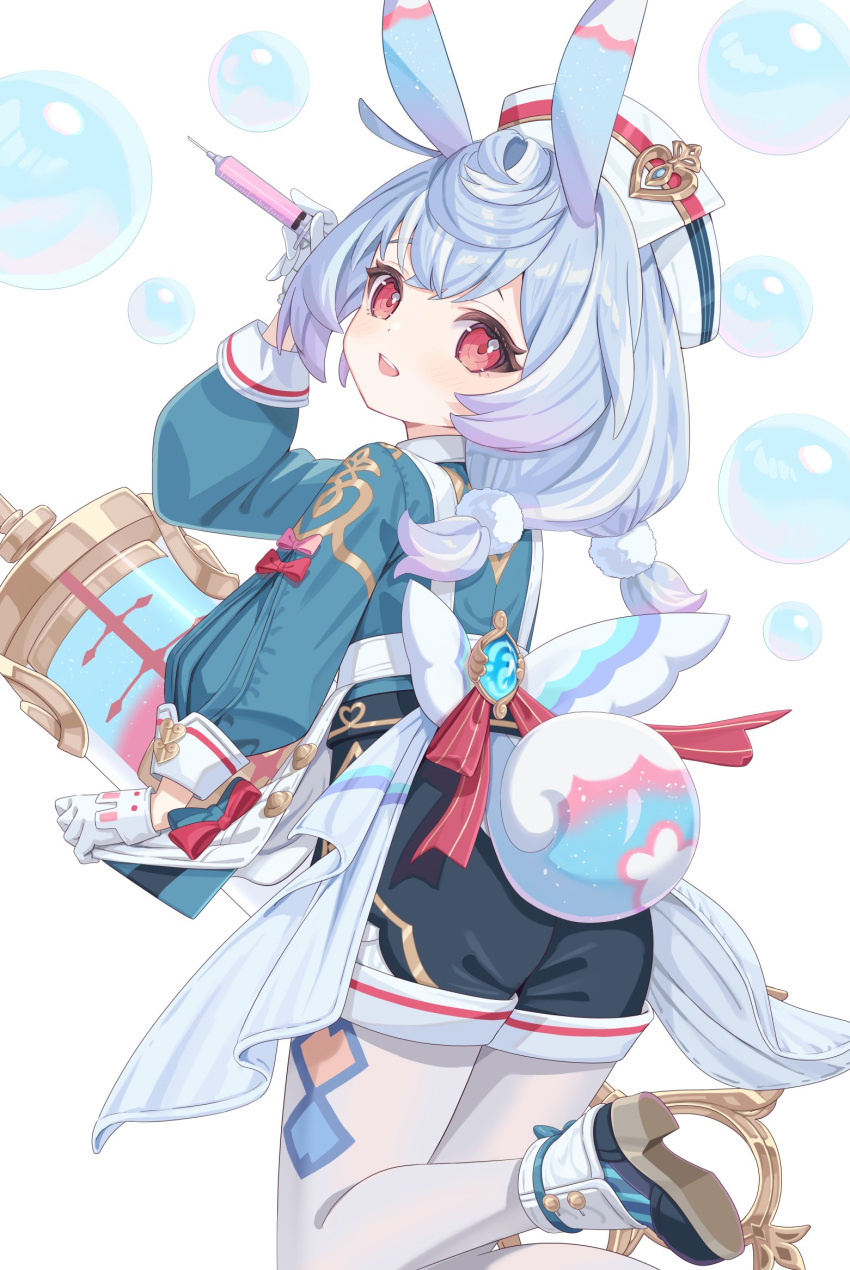 1girl, animal_ears, ankle_boots, ass, black_shorts, blue_hair, blue_shirt, boots