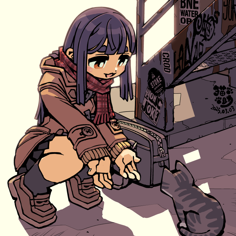 1girl, animal, black_skirt, brown_coat, brown_shoes, cat, coat, commentary