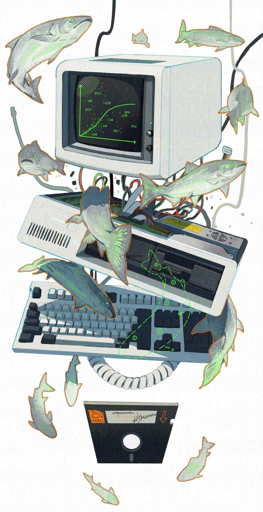 absurdres, animal, cable, commentary, computer, computer_keyboard, crt, fish