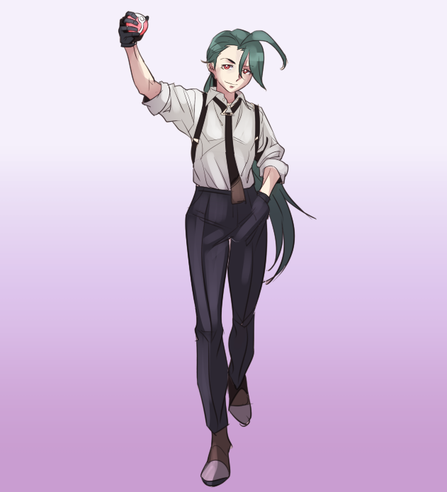 1girl, ahoge, arm_up, black_gloves, black_necktie, black_pants, bright_pupils, brown_shoes